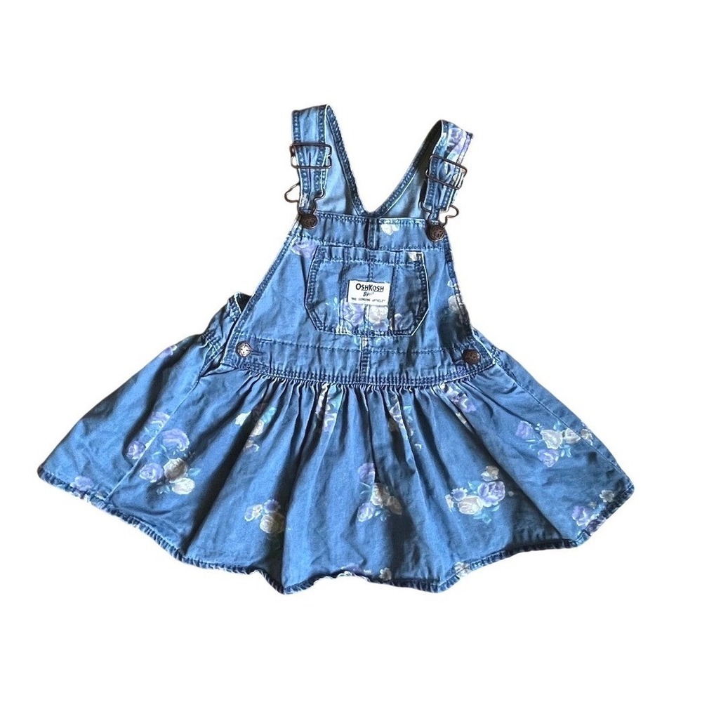 OshKosh Bgosh Girls 18M Blue Floral Denim Overall Dress Jumper Cotton